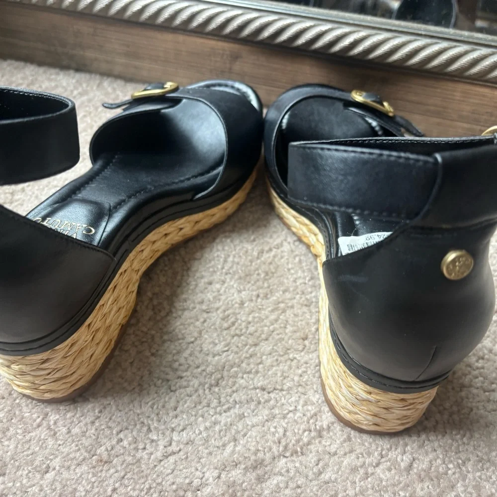 Vince Camuto Black Wedges with Gold Accents - Picture 3 of 5